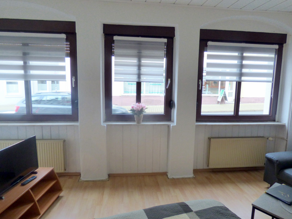Blick ins Wohnzimmer unserer Unterkunft im Erdgeschoss in Helmstedt